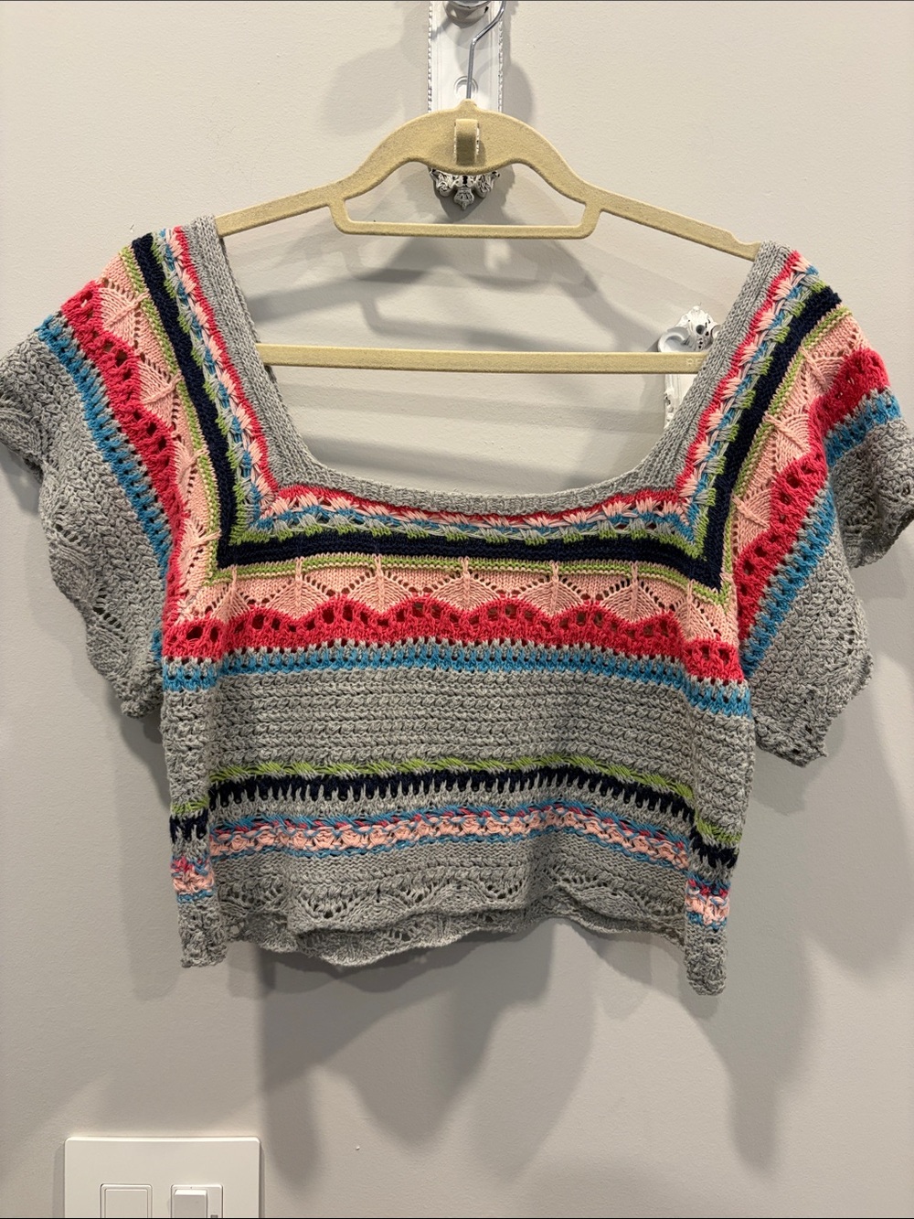 POL Gray Crocheted Crop Top with Pink, Blue & Green Accents